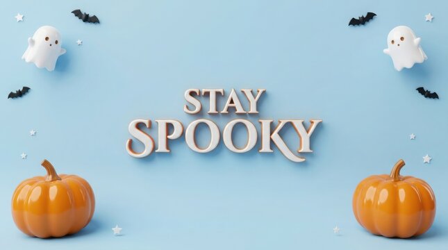Halloween background with stay spooky text, pumpkins, ghosts, and bats on a blue background