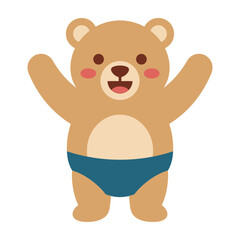 Fototapeta premium Cute brown bear in blue underwear standing with arms raised happily