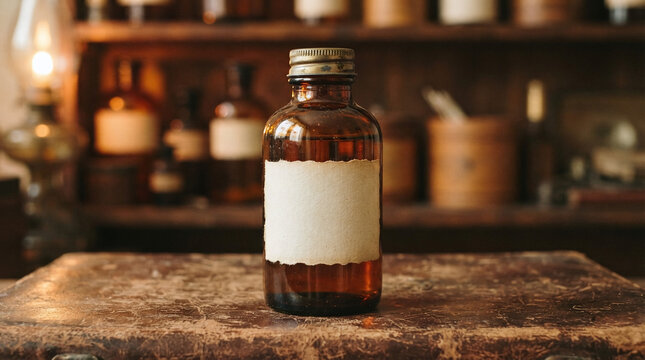 Vintage amber glass medicine bottle mockup on old apothecary shelf with medicine