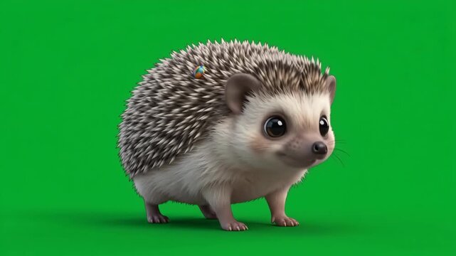 Cute little hedgehog standing on a vibrant green background, looking adorable and curious.