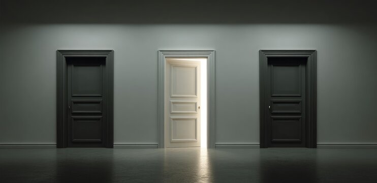 Three closed doors, two dark, one open with light emanating from within, symbolize choice and opportunity in an ambiguous setting