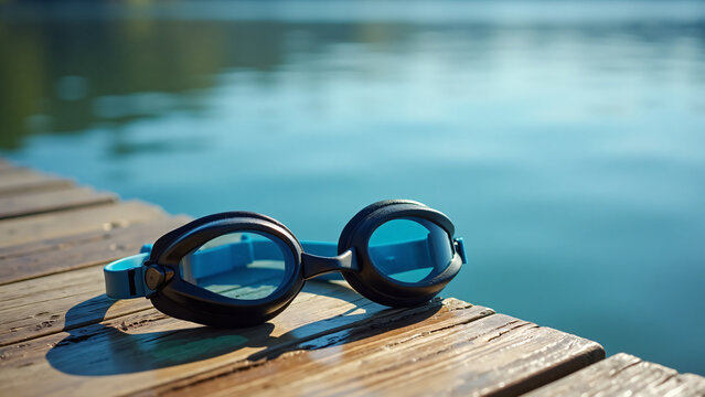 Swimming Goggles on Wooden Dock Near Lake
