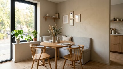 Fototapeta premium Cozy Minimalist Dining Area with Natural Light and Greenery