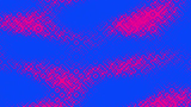 Vibrant halftone pattern background, neon pink and blue dithered texture video, retro digital pixel art aesthetic, abstract geometric motion graphics for modern creative projects.