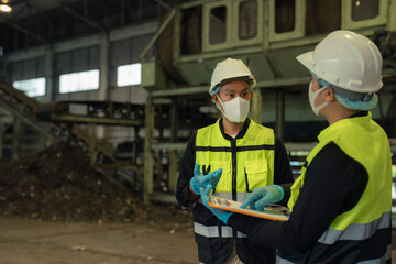Factory safety audit and waste recycling inspection.