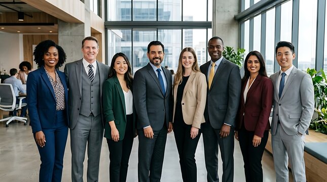 Diverse group of professional business people standing together in a modern bright office building during the day