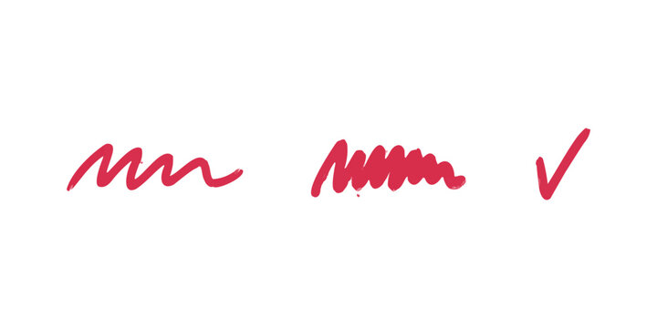 Set of hand drawn red scribble lines and a check mark symbol isolated for design and graphic annotations
