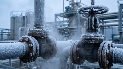 Fototapeta premium Ice-encrusted industrial metal valves and pipes with steam in a frozen chemical plant facility