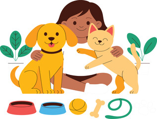 Fototapeta premium Cute Girl Hugging Dog and Cat with Pet Care Accessories Vector Illustration