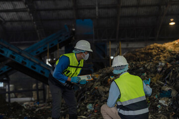 Fototapeta premium Industrial safety inspection of waste storage and forklift operations.