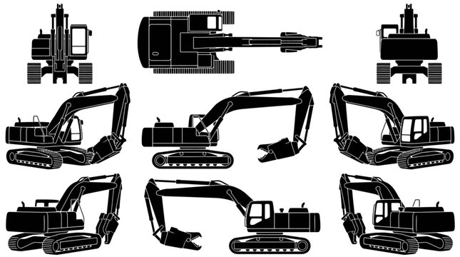 Collection of heavy construction machinery silhouettes on white background.