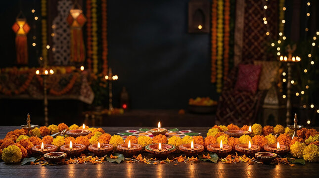 Row of traditional lit oil lamps and marigold flowers for diwali celebration