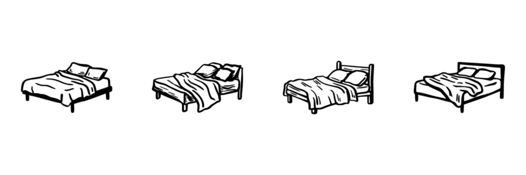 Bed And Bedroom Furniture Hand Drawn Doodle Icon Set. Sleeping, Resting And Home Interior Sketch Symbol Collection. Lifestyle And Bedroom Decor. Isolated Vector Illustration