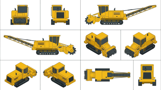 Collection of yellow construction vehicles in isometric view.