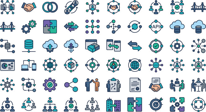 Business networking and digital integration icon set featuring collaboration, API, cloud computing, data exchange, connectivity, teamwork, technology and system management