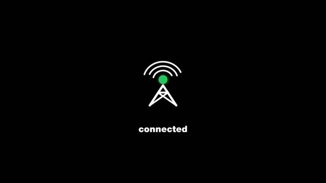 Clean and minimal motion graphic animation featuring a cellular radio tower broadcasting signal waves and displaying a green connected status on a black background