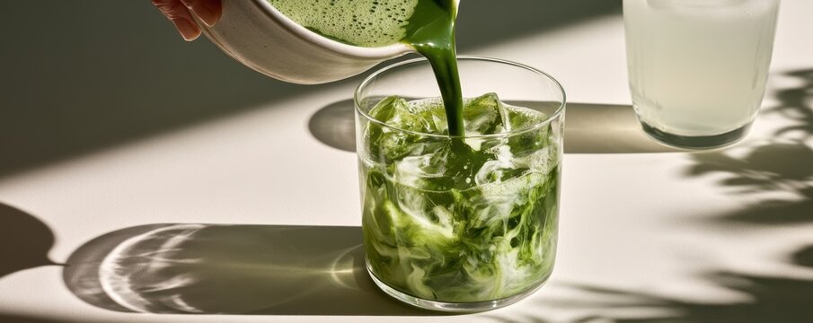 Woman pouring freshly whisked matcha into glass,Matcha Coconut drink,mixing with fresh coconut water,green tea pouring on a glass of coconut water on white wooden table,Popular Trendy 2026 concept.
