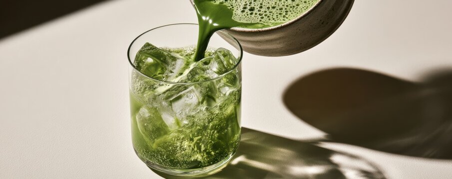 Woman pouring freshly whisked matcha into glass,Matcha Coconut drink,mixing with fresh coconut water,green tea pouring on a glass of coconut water on white wooden table,Popular Trendy 2026 concept.