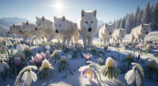 White wolves pack in snowy landscape with flowers