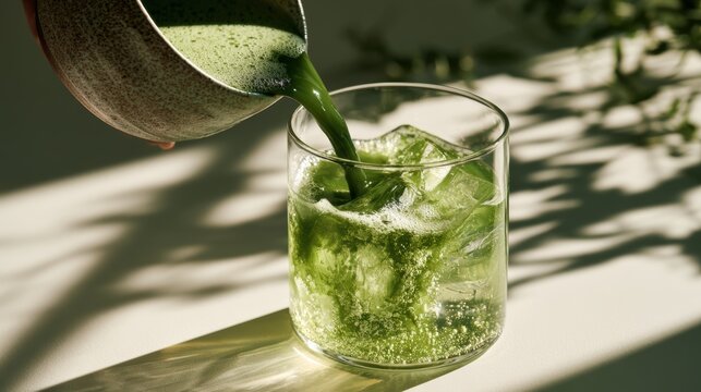 Woman pouring freshly whisked matcha into glass,Matcha Coconut drink,mixing with fresh coconut water,green tea pouring on a glass of coconut water on white wooden table,Popular Trendy 2026 concept.