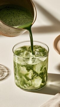 Woman pouring freshly whisked matcha into glass,Matcha Coconut drink,mixing with fresh coconut water,green tea pouring on a glass of coconut water on white wooden table,Popular Trendy 2026 concept.