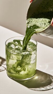 Woman pouring freshly whisked matcha into glass,Matcha Coconut drink,mixing with fresh coconut water,green tea pouring on a glass of coconut water on white wooden table,Popular Trendy 2026 concept.