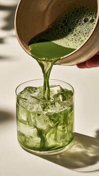 Woman pouring freshly whisked matcha into glass,Matcha Coconut drink,mixing with fresh coconut water,green tea pouring on a glass of coconut water on white wooden table,Popular Trendy 2026 concept.