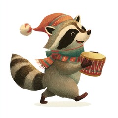 Naklejka premium Festive raccoon drumming joyfully.