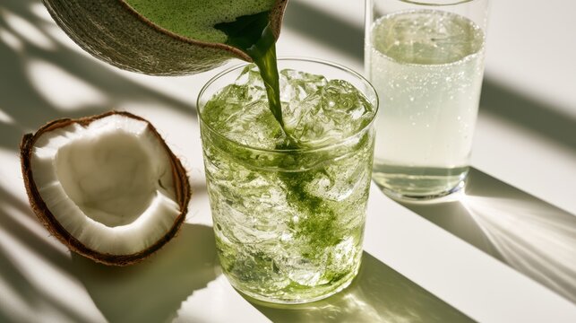 Woman pouring freshly whisked matcha into glass,Matcha Coconut drink,mixing with fresh coconut water,green tea pouring on a glass of coconut water on white wooden table,Popular Trendy 2026 concept.