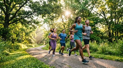 Fototapeta premium Group of diverse fit friends running together on a scenic forest trail path during a sunny morning workout session for health and fitness