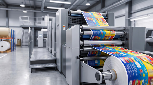 A printing press operates inside a large production facility. Rolls of colorful paper move through the machine as it prints new designs. Workers focus on production tasks nearby