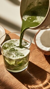 Woman pouring freshly whisked matcha into glass,Matcha Coconut drink,mixing with fresh coconut water,green tea pouring on a glass of coconut water on white wooden table,Popular Trendy 2026 concept.