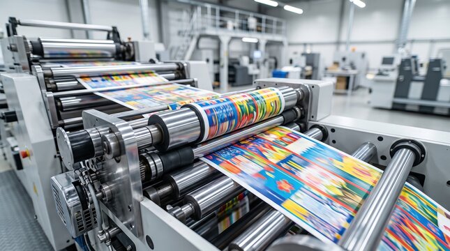 In a production facility, a printing press runs and produces colorful printed sheets. Machines work together to print various designs on paper rolls
