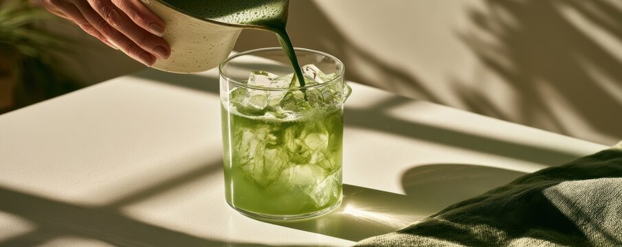 Woman pouring freshly whisked matcha into glass,Matcha Coconut drink,mixing with fresh coconut water,green tea pouring on a glass of coconut water on white wooden table,Popular Trendy 2026 concept.
