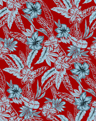 Tropical floral seamless pattern featuring light blue hibiscus flowers and palm leaves over a rich red background. Vibrant Hawaiian jungle foliage artwork for fashion apparel, swimwear, summer textile © Juju