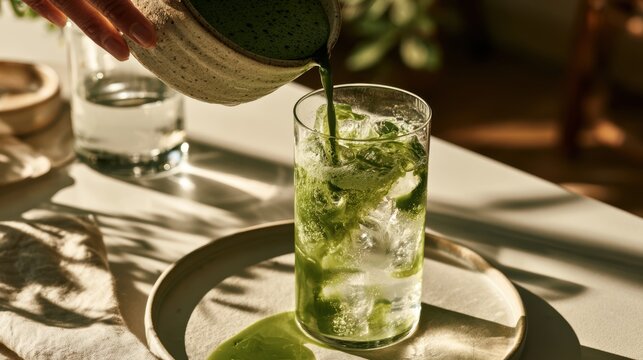 Woman pouring freshly whisked matcha into glass,Matcha Coconut drink,mixing with fresh coconut water,green tea pouring on a glass of coconut water on white wooden table,Popular Trendy 2026 concept.