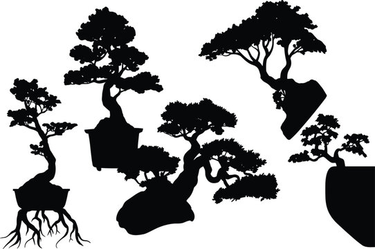Bonsai tree black silhouette collection, traditional japanese miniature plants in pots isolated vector illustration