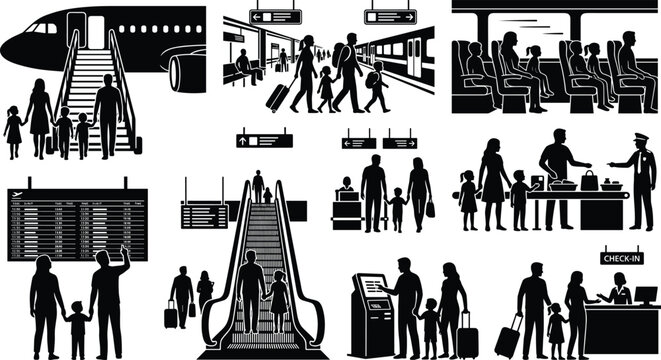 Collection of travel silhouette icons showing airport check-in, boarding, luggage, escalator, train passengers, and security procedures