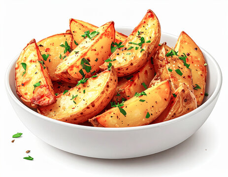 Crispy baked potato wedges with herbs, white bowl. AI