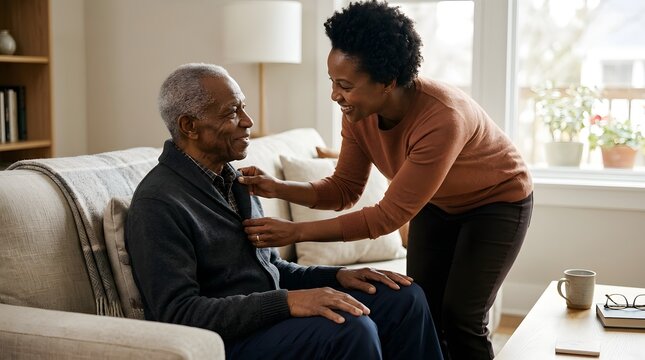 Senior care, family and caregiver helping elderly father at home with support, health and assistance. Black daughter, man and sitting on sofa in living room with love, kindness and aging wellness