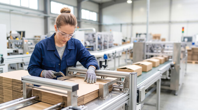 A person is working in a factory, packing items into boxes. The scene shows machines preparing the boxes while the worker uses a tool to seal them