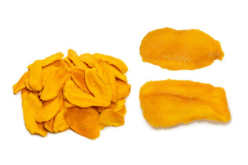 Naklejka premium Dry tasty mango slices isolated on a white background.