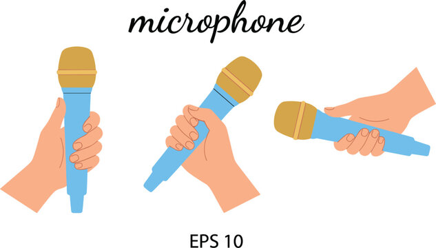 Hand Holding Microphone Vector Set with Flat Graphic Icons Showing Mic Drop and Interview Poses for Podcasts Music and Journalism Designs (21 words)