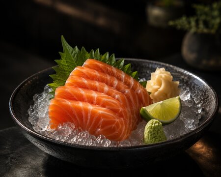 Fresh salmon sashimi slices served on crushed ice with shiso leaf, wasabi, pickled ginger and lime in an elegant dark Japanese restaurant setting.
