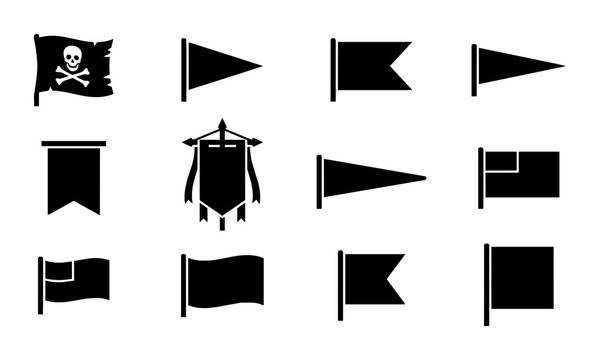 Vector Set of Nautical Flags and Pennants, Pirate Skull Jolly Roger Banner, Maritime Signal Icons, Black and White Graphic Elements for Marine Design