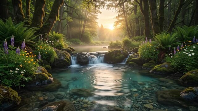 Beautiful sunlit forest stream with lush green ferns and vibrant wildflowers in a peaceful morning landscape