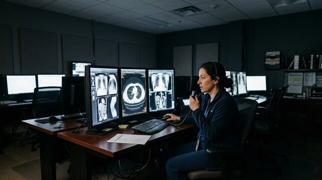 Radiology Reading Room with a Radiologist Working Through a Stack of PACS Studies
