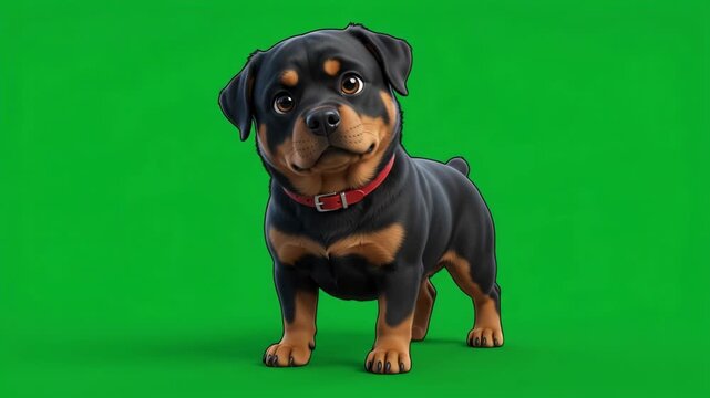 Adorable Rottweiler puppy with a red collar standing against a vibrant green background, looking directly at the camera with a friendly expression.