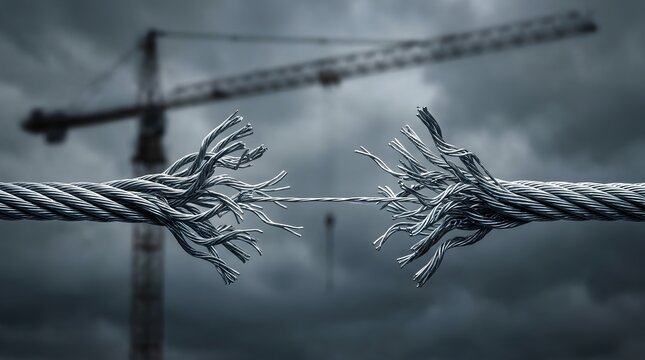 Snapped heavy steel wire cable fraying under tension with construction crane on stormy background