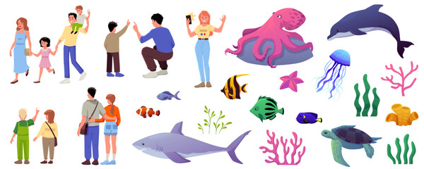 Fototapeta premium A set for an oceanarium, with sea animals, algae, corals, people.